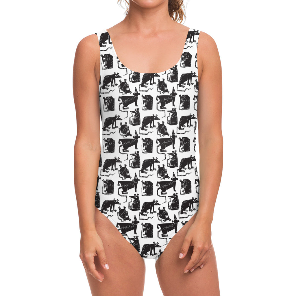 Black And White Rat Pattern Print One Piece Swimsuit