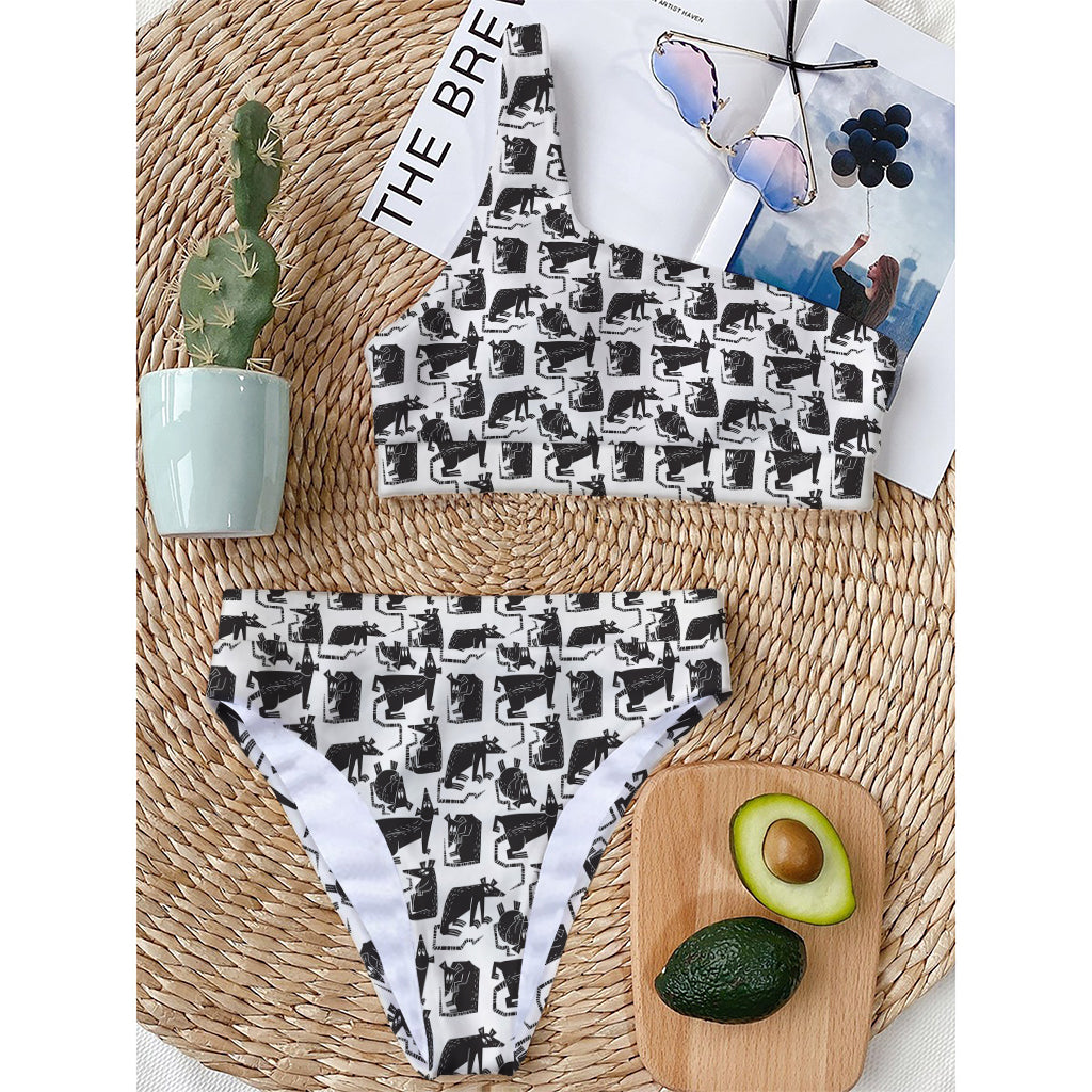Black And White Rat Pattern Print One Shoulder Bikini Top