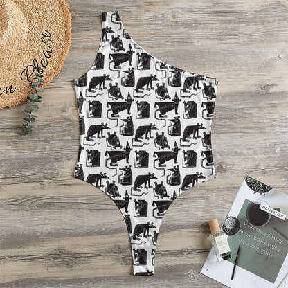 Black And White Rat Pattern Print One Shoulder Bodysuit