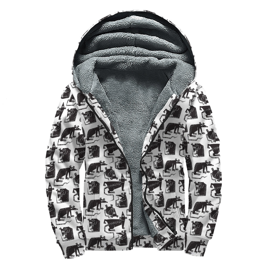 Black And White Rat Pattern Print Sherpa Lined Zip Up Hoodie