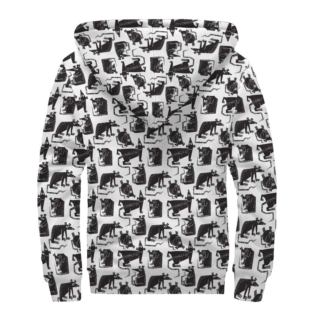 Black And White Rat Pattern Print Sherpa Lined Zip Up Hoodie