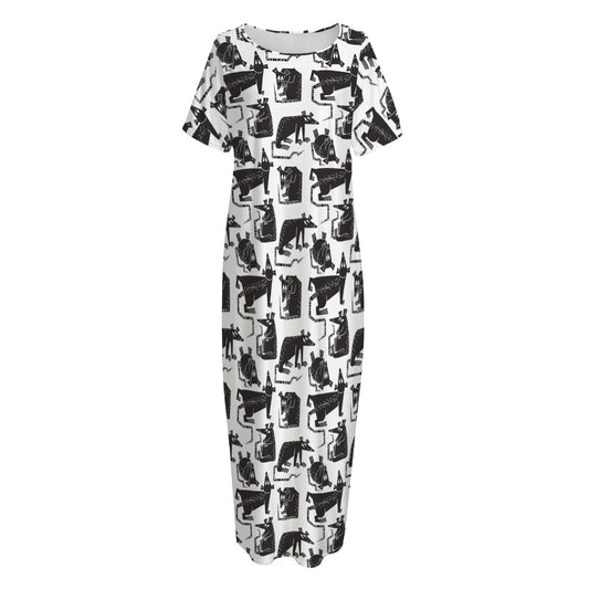 Black And White Rat Pattern Print Short Sleeve Long Nightdress