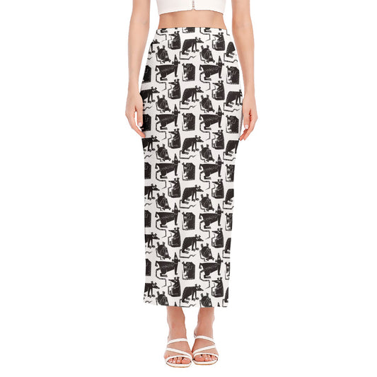 Black And White Rat Pattern Print Side Slit Maxi Skirt