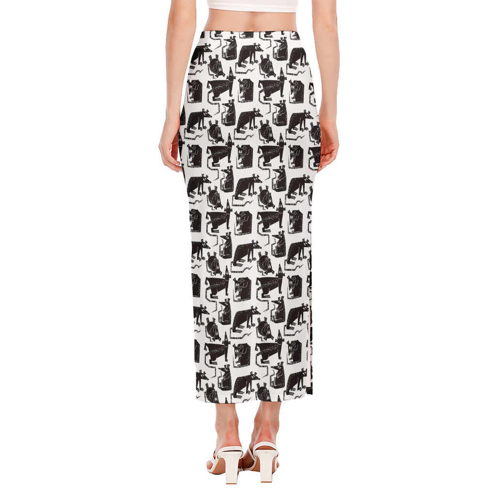 Black And White Rat Pattern Print Side Slit Maxi Skirt