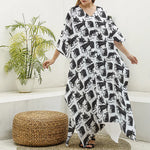 Black And White Rat Pattern Print Silk V-Neck Kaftan Dress