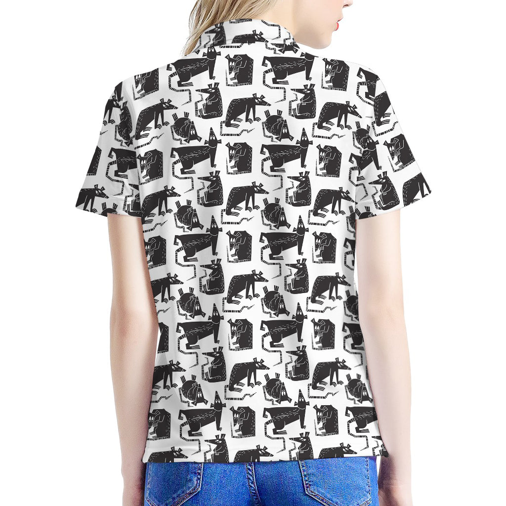 Black And White Rat Pattern Print Women's Polo Shirt