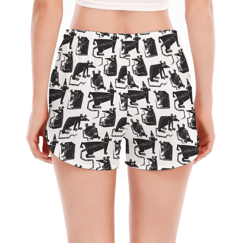 Black And White Rat Pattern Print Women's Split Running Shorts