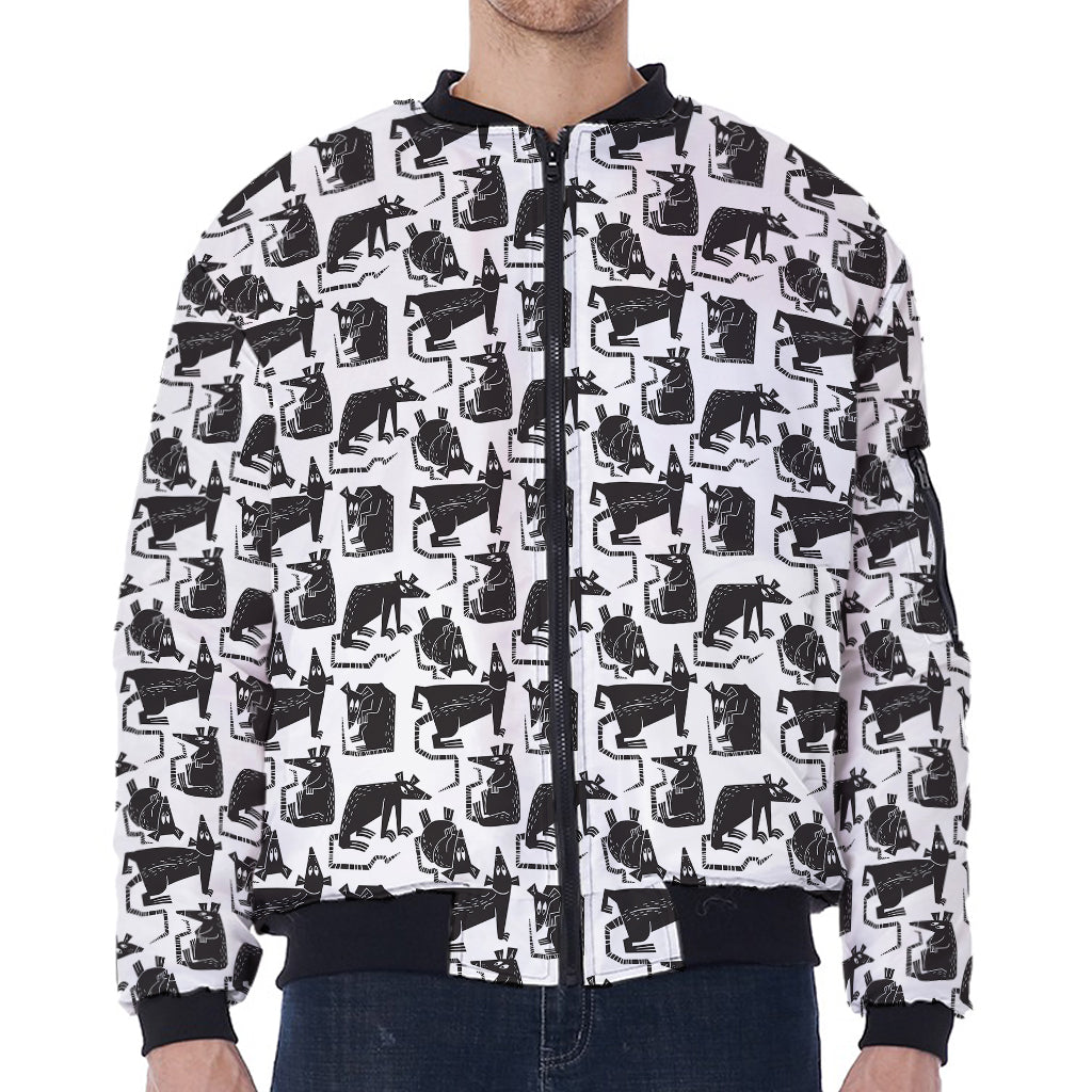 Black And White Rat Pattern Print Zip Sleeve Bomber Jacket