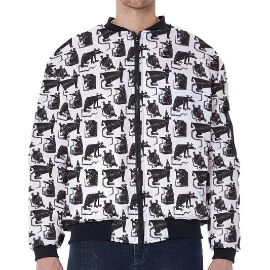 Black And White Rat Pattern Print Zip Sleeve Bomber Jacket