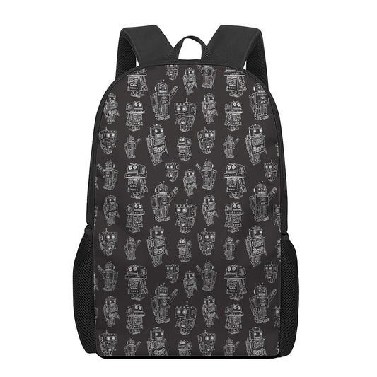 Black And White Robot Pattern Print 17 Inch Backpack