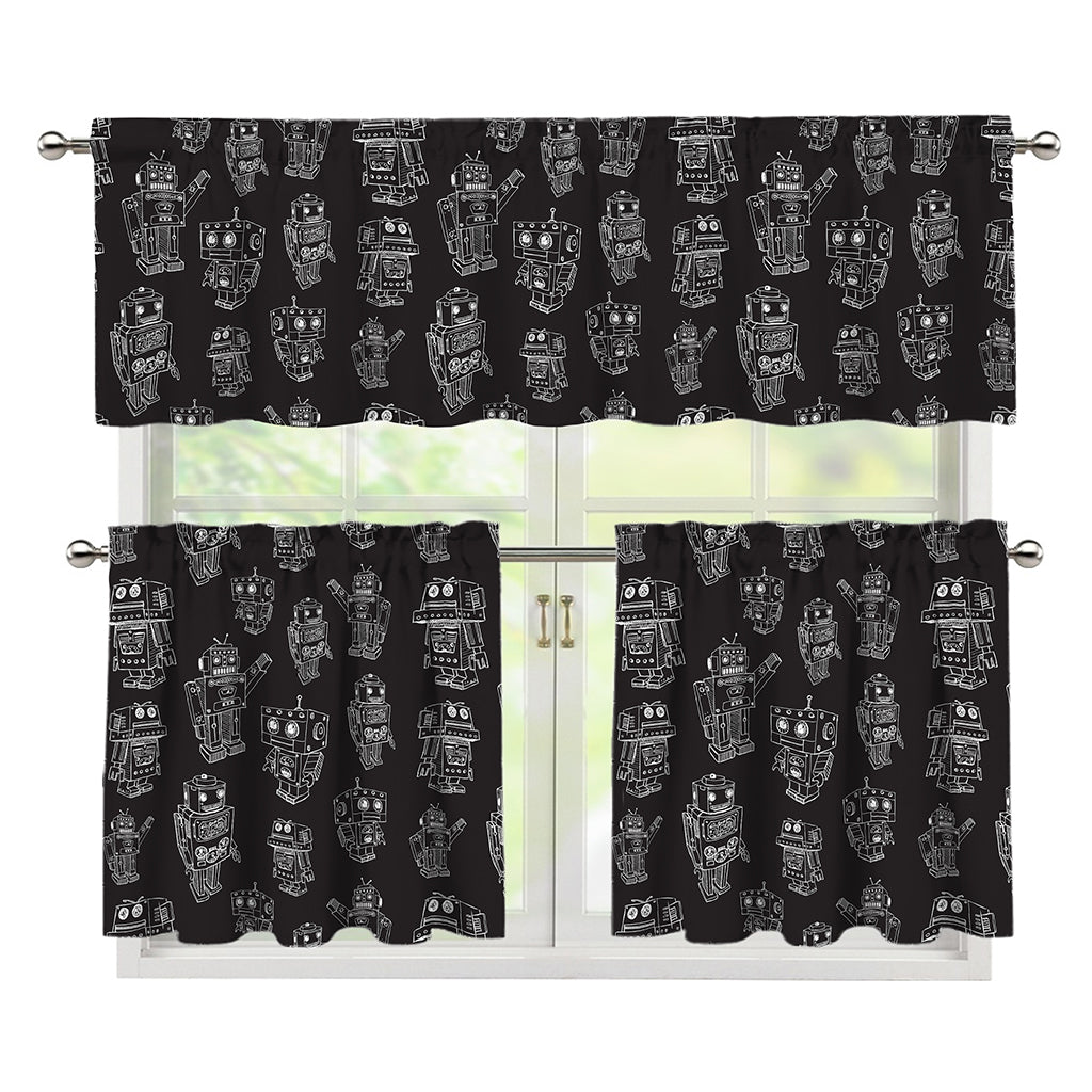 Black And White Robot Pattern Print 3 Piece Kitchen Curtains