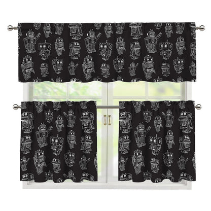Black And White Robot Pattern Print 3 Piece Kitchen Curtains