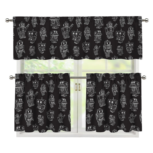 Black And White Robot Pattern Print 3 Piece Kitchen Curtains