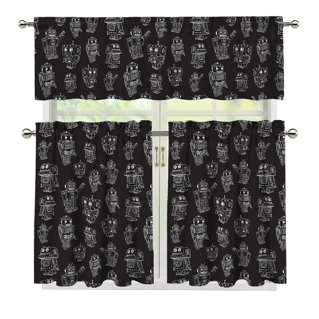 Black And White Robot Pattern Print 3 Piece Kitchen Curtains