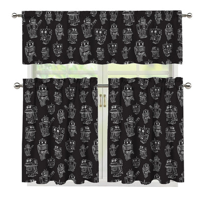 Black And White Robot Pattern Print 3 Piece Kitchen Curtains