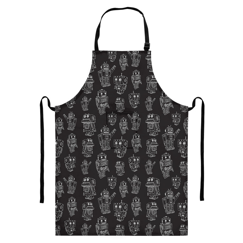 Black And White Robot Pattern Print Bib Apron With Pocket