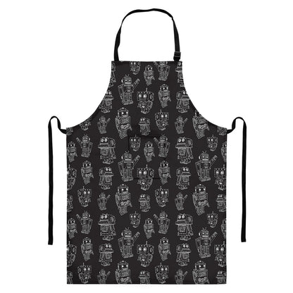 Black And White Robot Pattern Print Bib Apron With Pocket