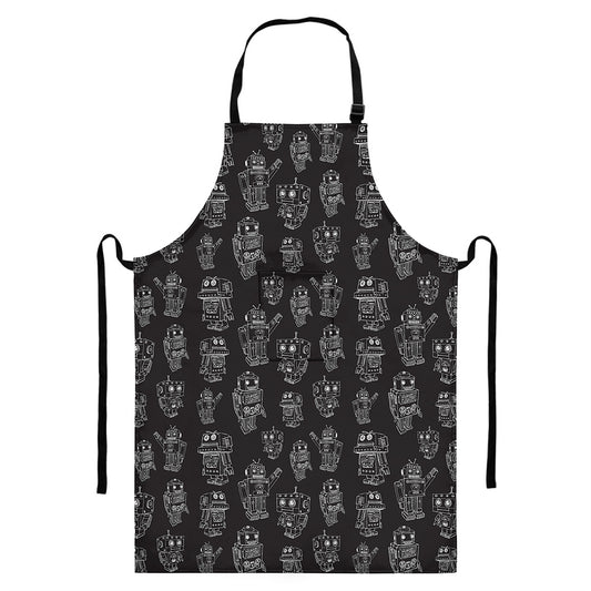 Black And White Robot Pattern Print Bib Apron With Pocket