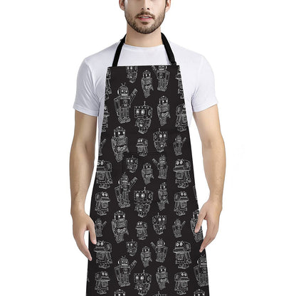 Black And White Robot Pattern Print Bib Apron With Pocket
