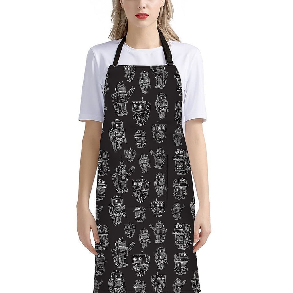 Black And White Robot Pattern Print Bib Apron With Pocket