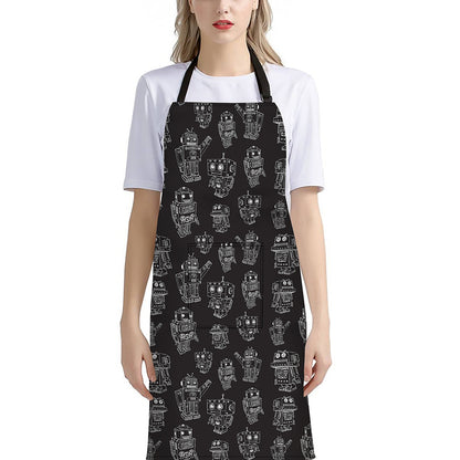 Black And White Robot Pattern Print Bib Apron With Pocket