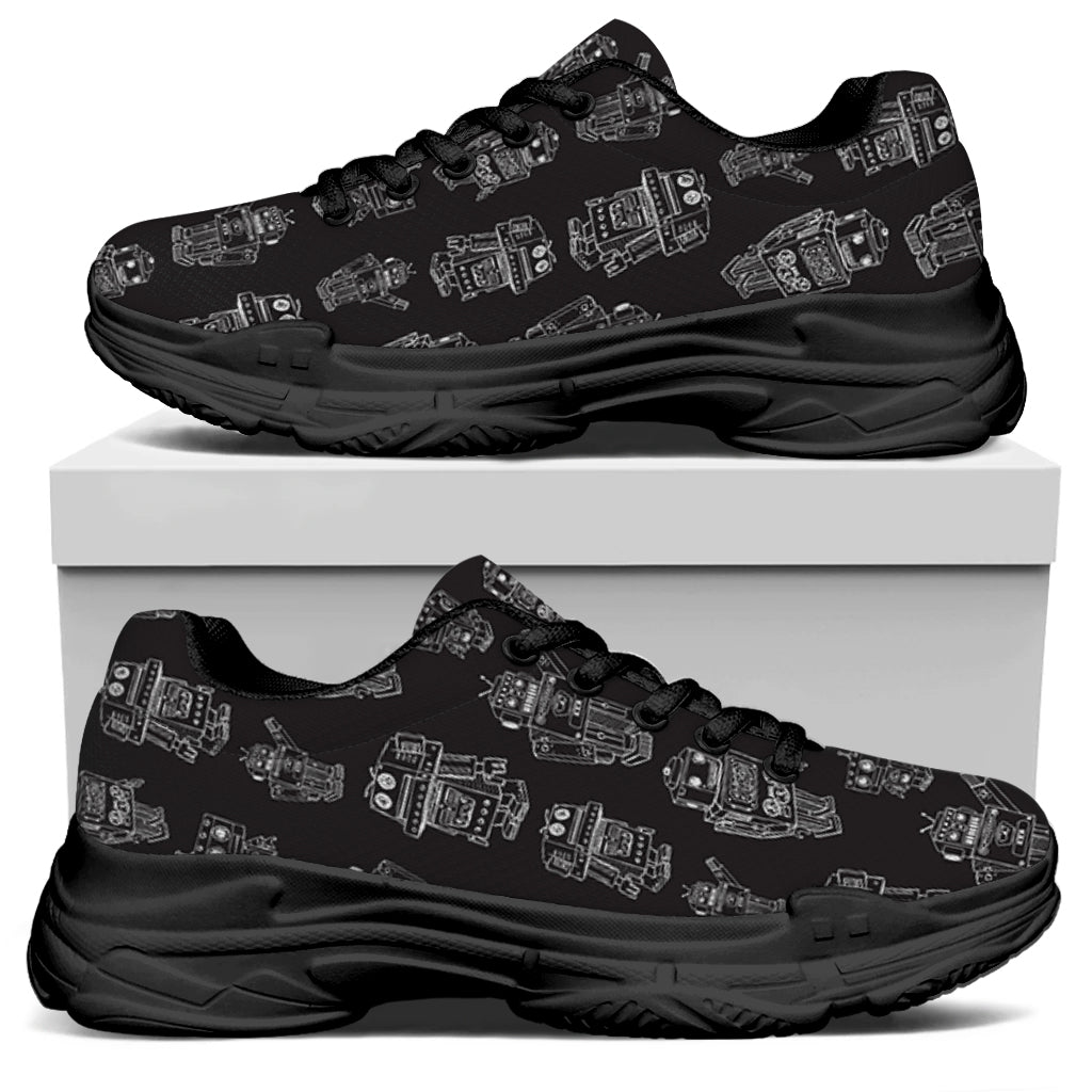 Black And White Robot Pattern Print Black Chunky Shoes