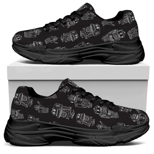 Black And White Robot Pattern Print Black Chunky Shoes