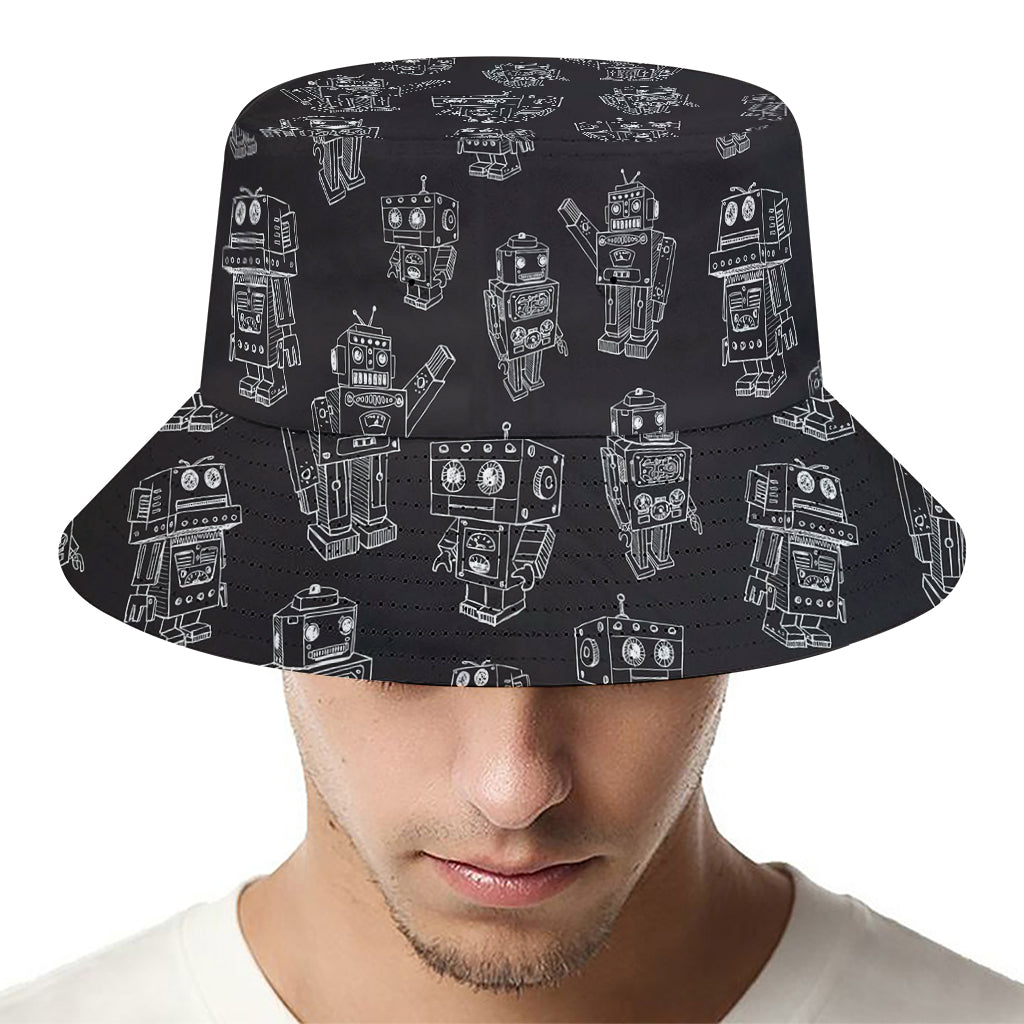 Black And White Robot Pattern Print Bucket Hat