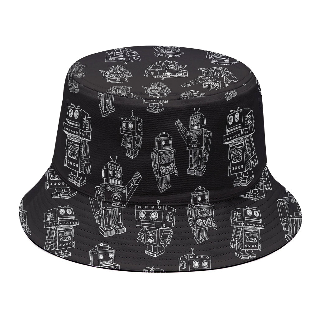 Black And White Robot Pattern Print Bucket Hat