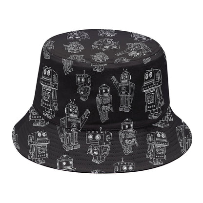 Black And White Robot Pattern Print Bucket Hat