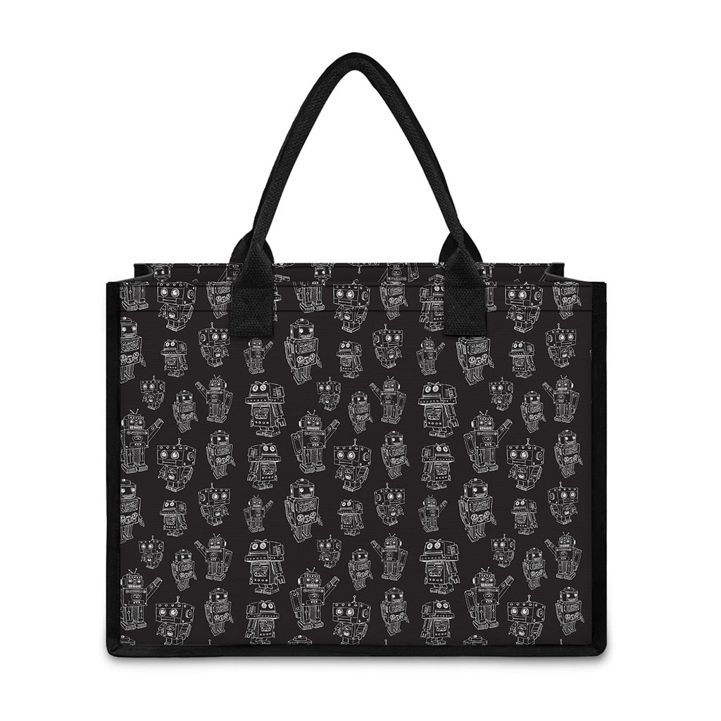 Black And White Robot Pattern Print Canvas Tote Bag