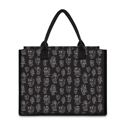 Black And White Robot Pattern Print Canvas Tote Bag