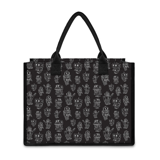 Black And White Robot Pattern Print Canvas Tote Bag