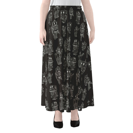 Black And White Robot Pattern Print Chiffon Maxi Skirt