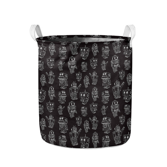 Black And White Robot Pattern Print Collapsible Laundry Basket