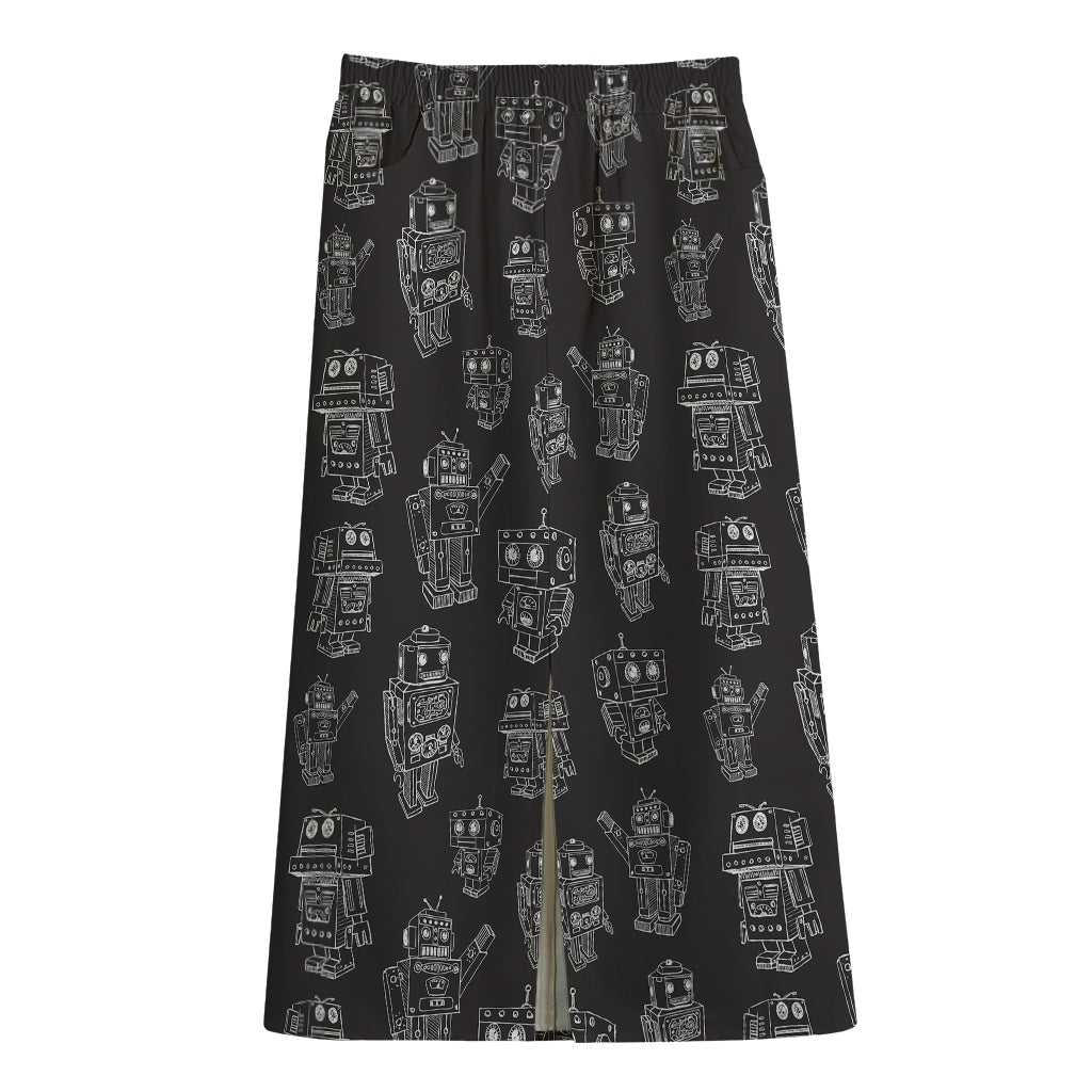 Black And White Robot Pattern Print Cotton Front Slit Maxi Skirt