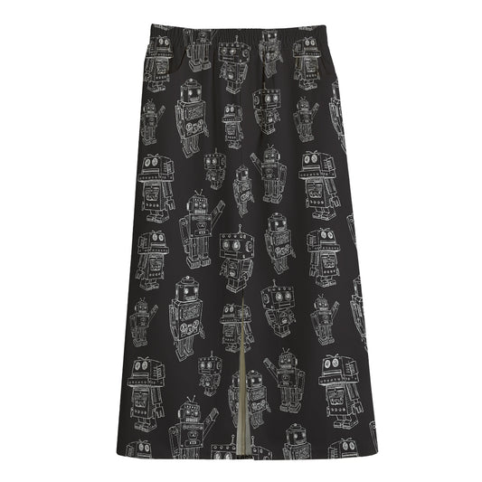 Black And White Robot Pattern Print Cotton Front Slit Maxi Skirt