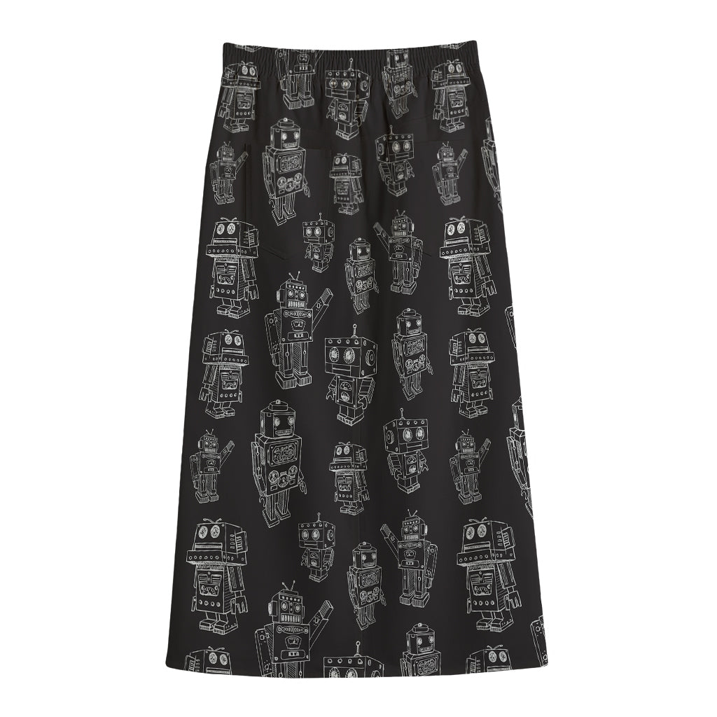 Black And White Robot Pattern Print Cotton Front Slit Maxi Skirt