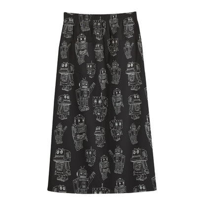 Black And White Robot Pattern Print Cotton Front Slit Maxi Skirt