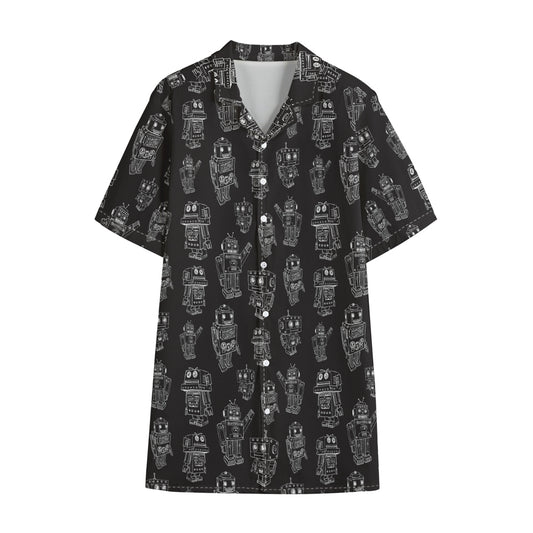 Black And White Robot Pattern Print Cotton Hawaiian Shirt