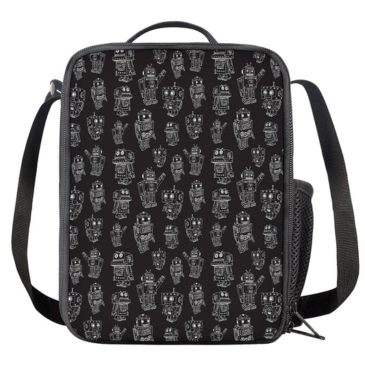 Black And White Robot Pattern Print Crossbody Lunch Bag