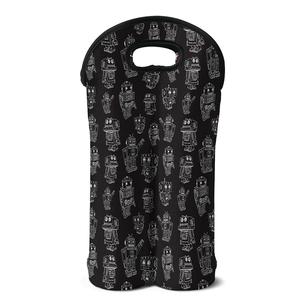 Black And White Robot Pattern Print Double Neoprene Wine Tote