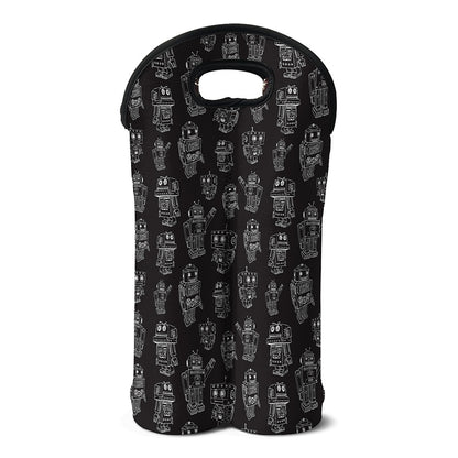 Black And White Robot Pattern Print Double Neoprene Wine Tote