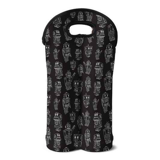 Black And White Robot Pattern Print Double Neoprene Wine Tote