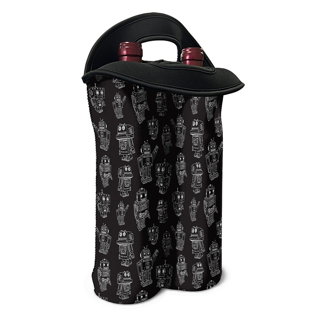 Black And White Robot Pattern Print Double Neoprene Wine Tote