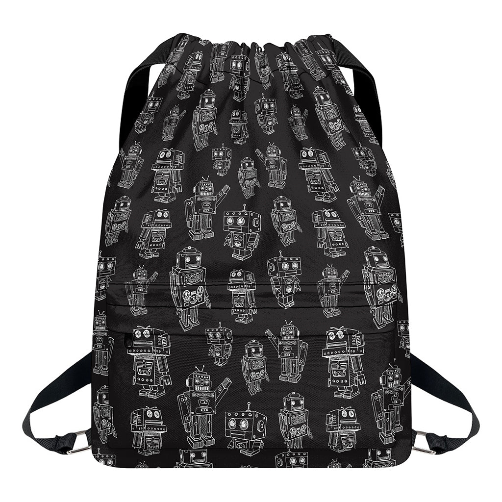 Black And White Robot Pattern Print Drawstring Backpack