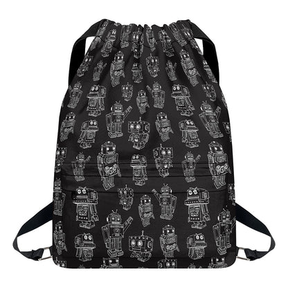Black And White Robot Pattern Print Drawstring Backpack