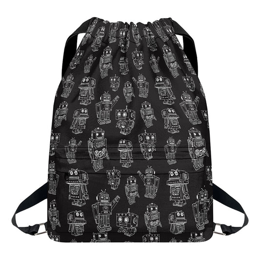 Black And White Robot Pattern Print Drawstring Backpack