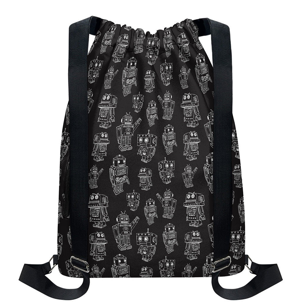 Black And White Robot Pattern Print Drawstring Backpack