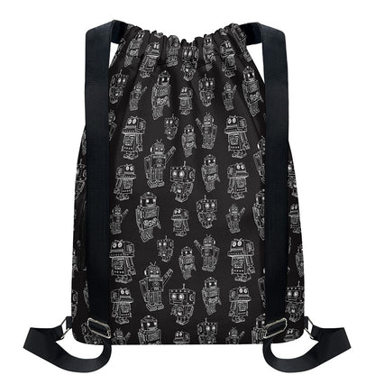 Black And White Robot Pattern Print Drawstring Backpack